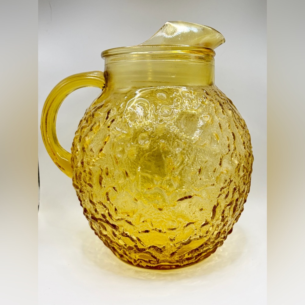 Vintage Anchor Hocking Lido Milano MCM Honey Yellow Amber Textured Glass Pitcher